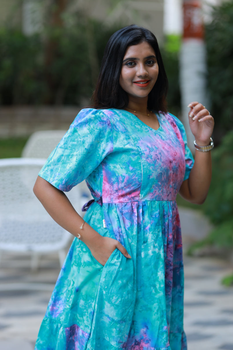 Pure cotton Hand Dyed sky Batik double layer frock with side zip