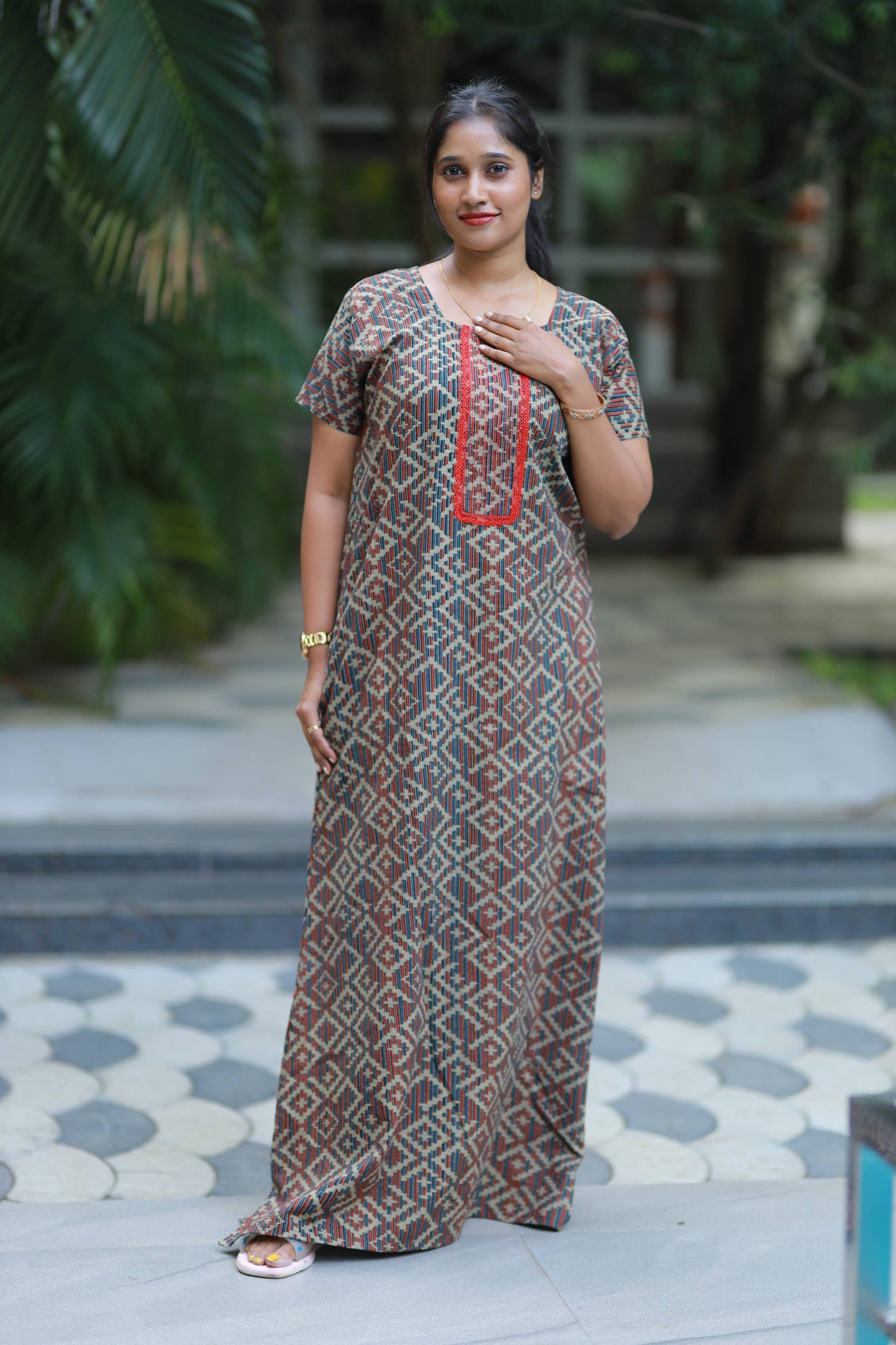 Black With Red Design Neck Nighty
