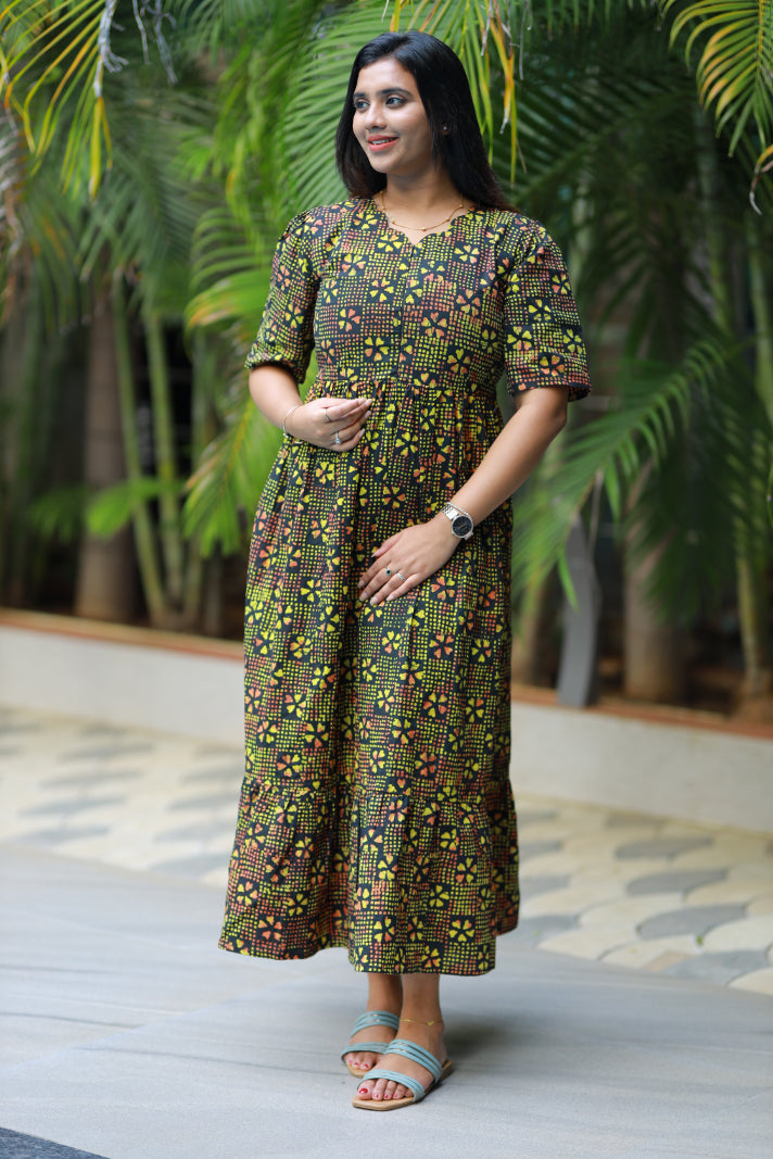 Pure cotton Hand Dyed sky Batik double layer frock with center zip