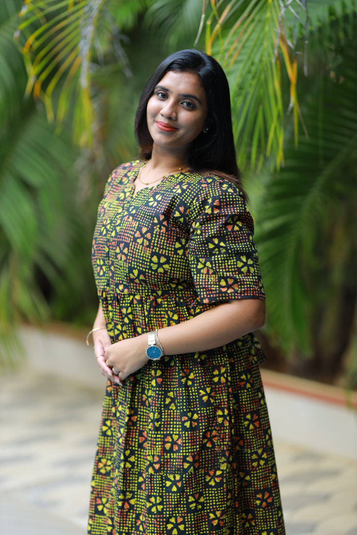 Pure cotton Hand Dyed sky Batik double layer frock with center zip