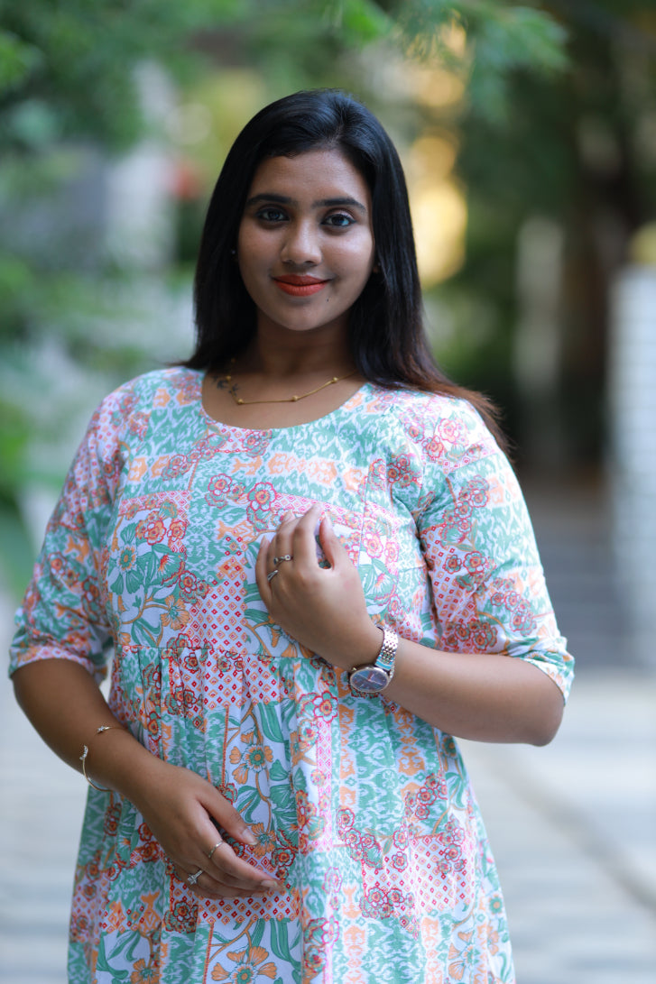 Pure cotton digital print double layer frock with side invisible zip