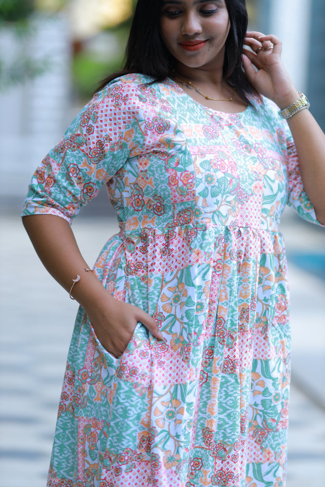Pure cotton digital print double layer frock with side invisible zip