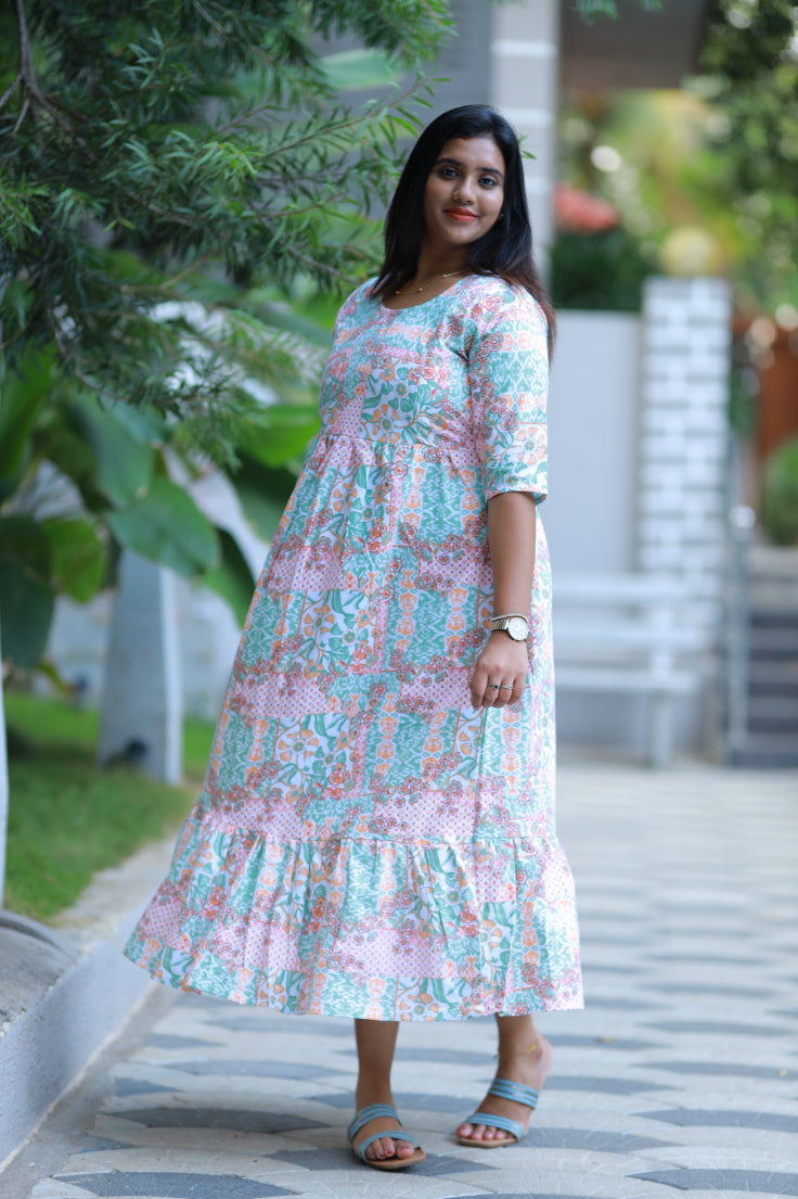 Pure cotton digital print double layer frock with side invisible zip