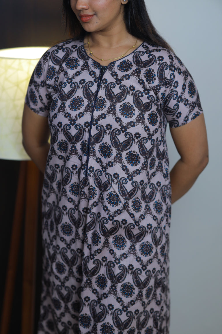 Piech Kalamkari With Dark Choclate Colour \Piping Center Zip Feeding Nighty