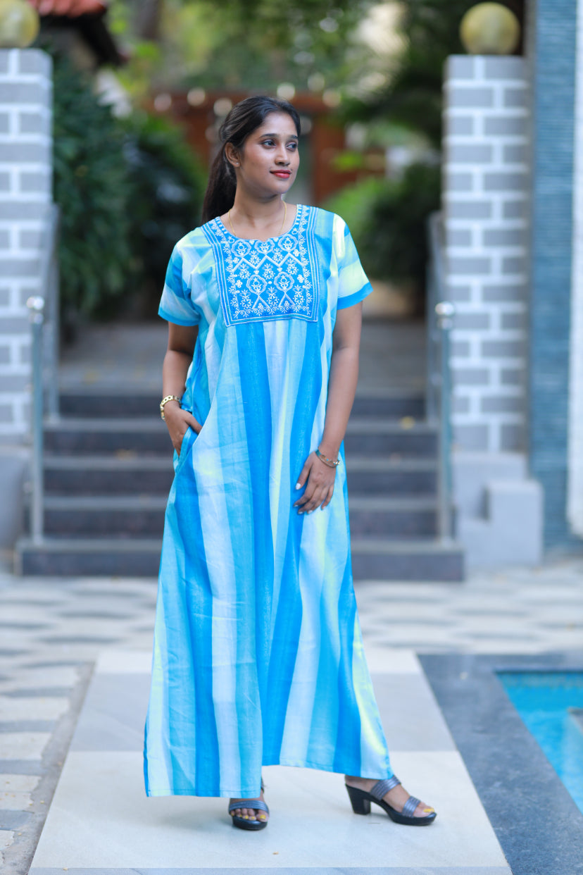 Sky Blue With White Design Neck Embroidery Nighty