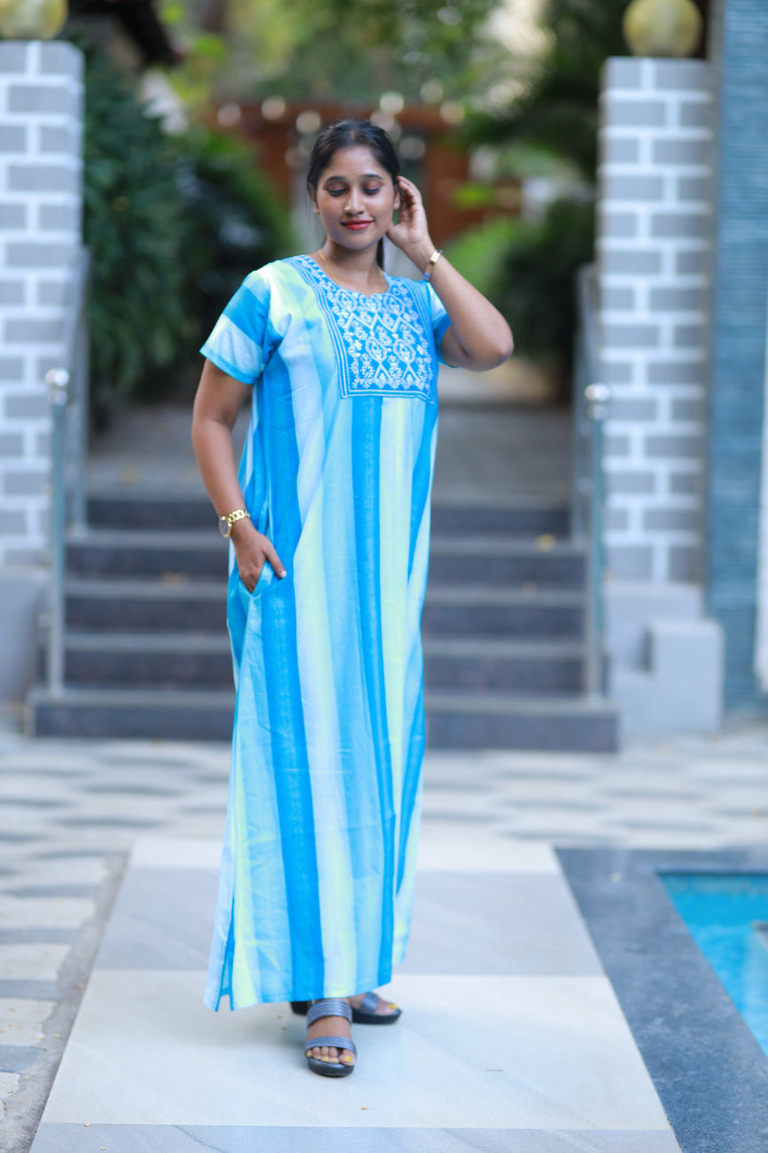 Sky Blue With White Design Neck Embroidery Nighty