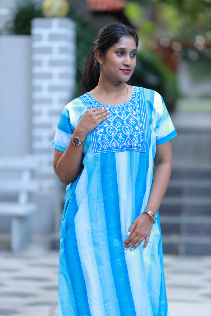 Sky Blue With White Design Neck Embroidery Nighty