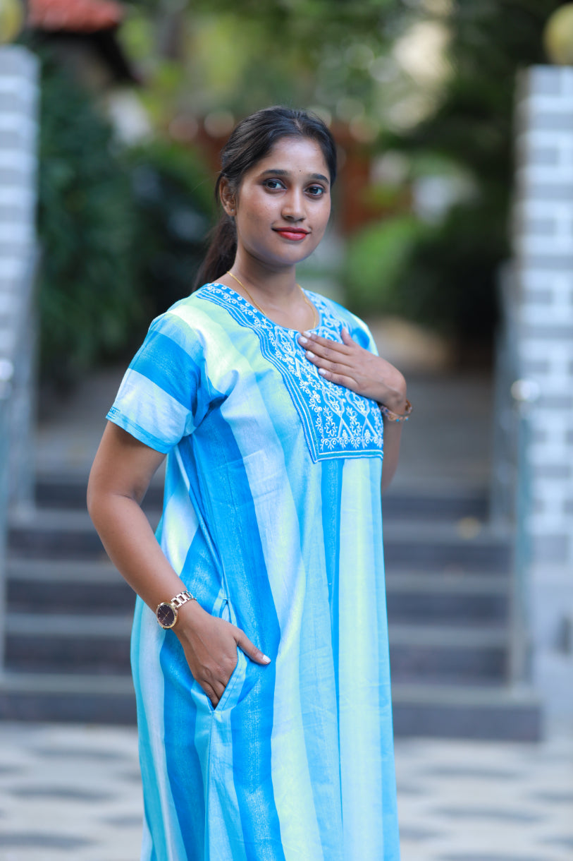 Sky Blue With White Design Neck Embroidery Nighty