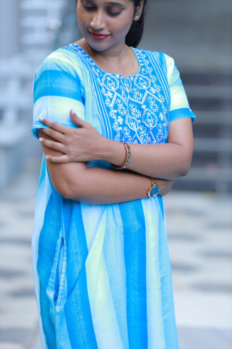 Sky Blue With White Design Neck Embroidery Nighty