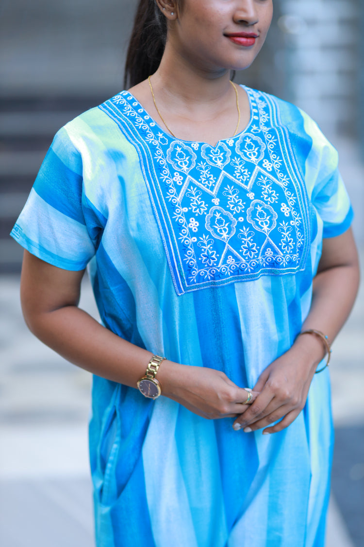 Sky Blue With White Design Neck Embroidery Nighty