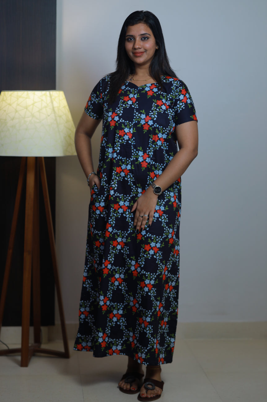 Navy Blue Wth Flower Invisible Center Zip Feeding Nighty