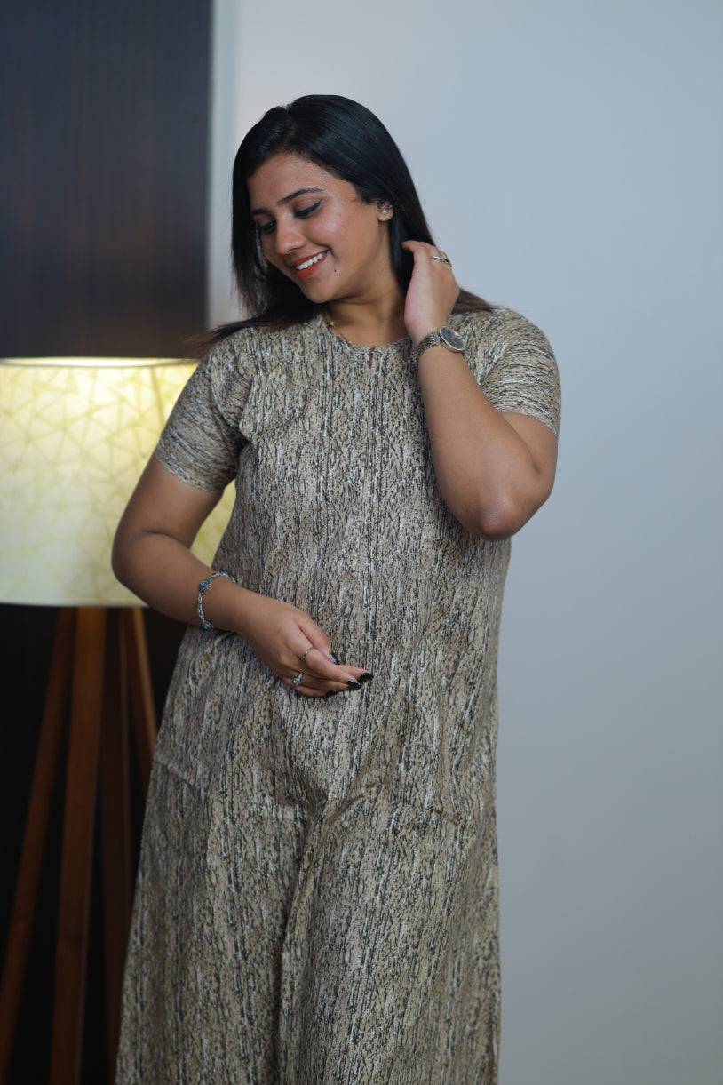Sandal with Brown digital design Long Zip Feeding Nighty