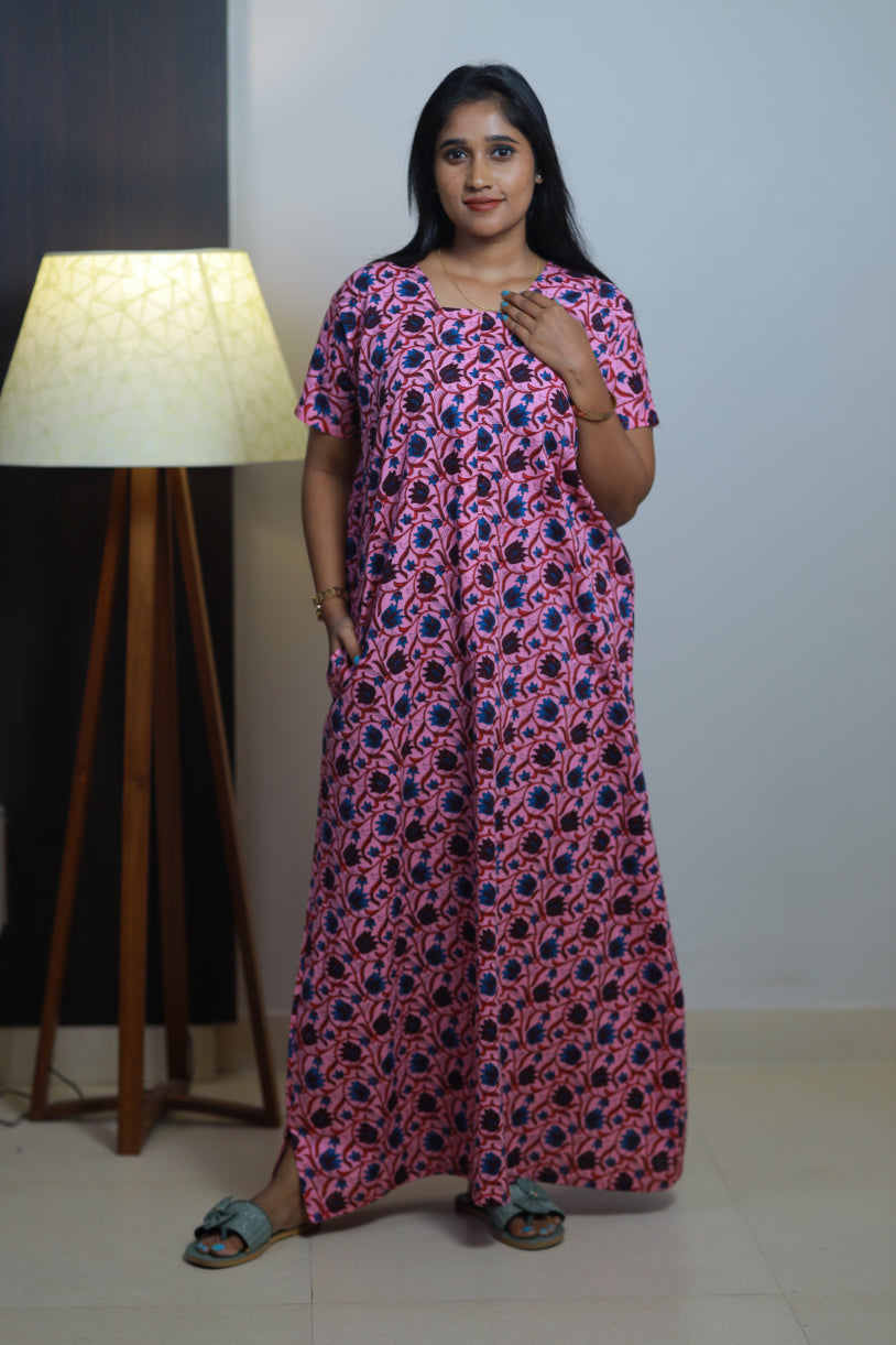 Pink With Flower Design Invisible Center Zip Feeding Nighty