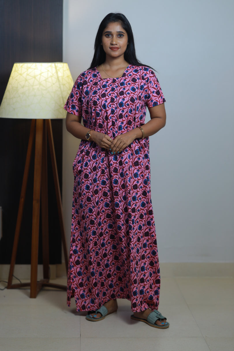 Pink With Flower Design Invisible Center Zip Feeding Nighty