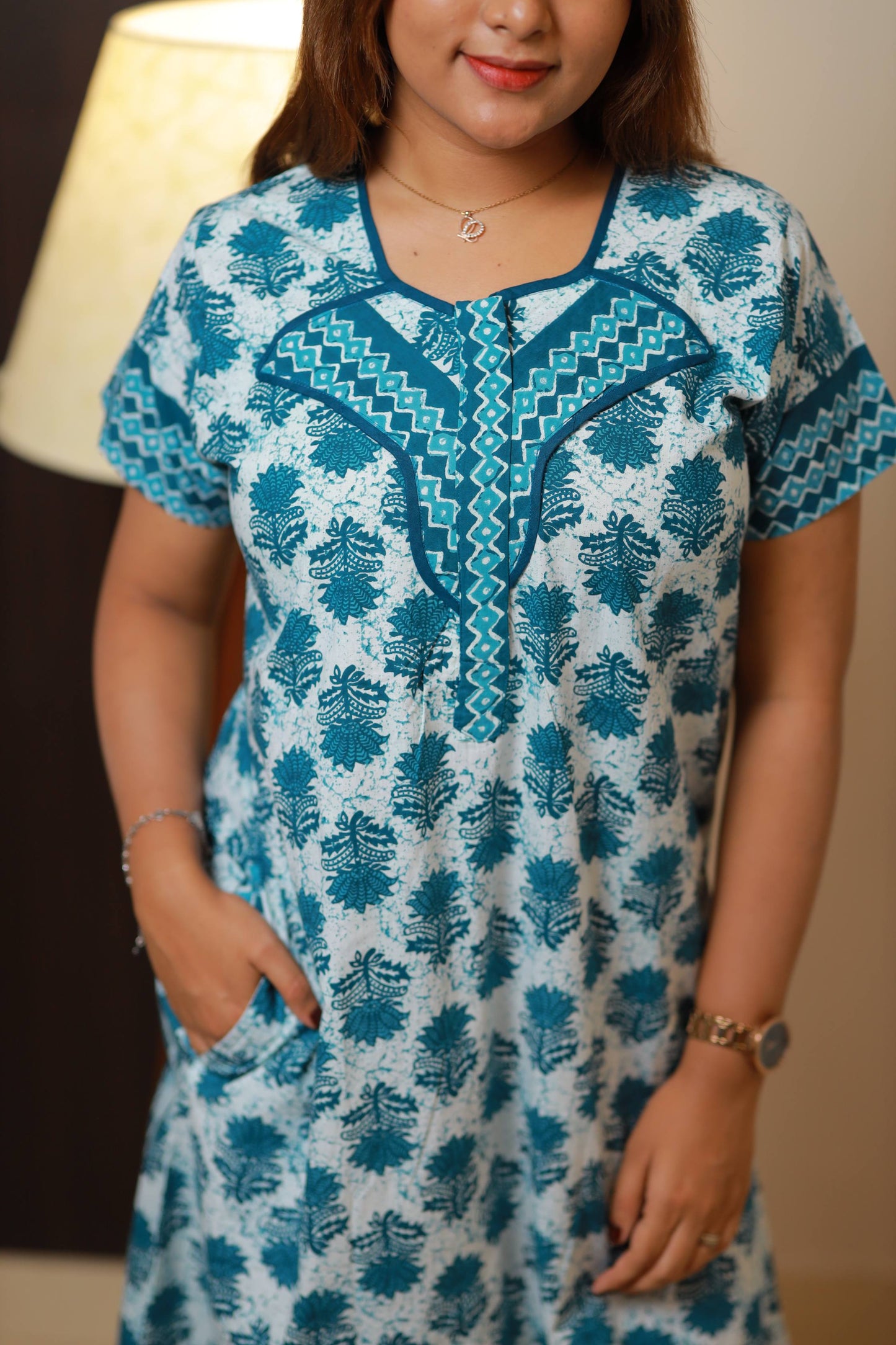 FANCY - Sky Blue With White Design Zip Nighty