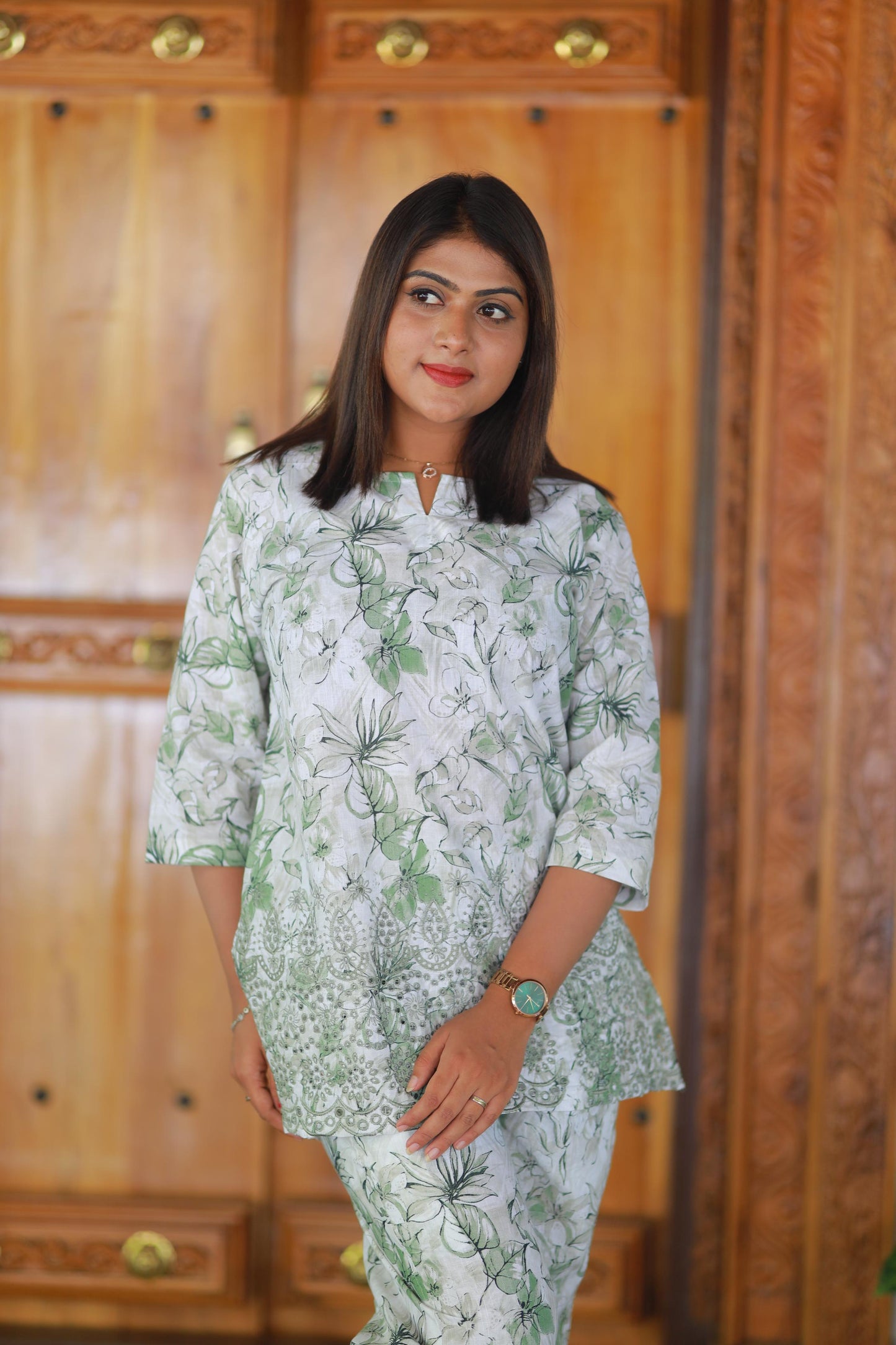 Green Linen schiffli embroidery co-ord set