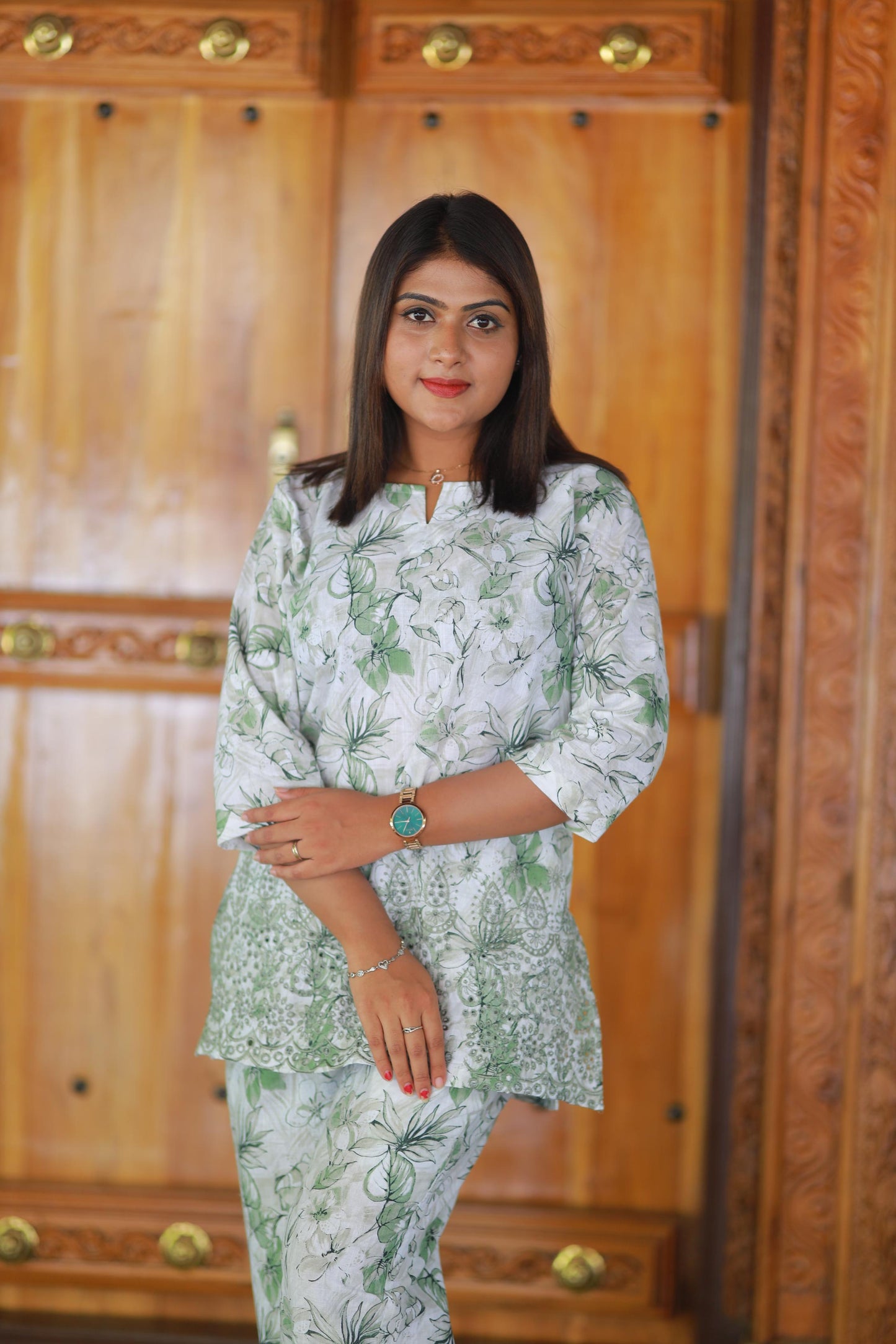 Green Linen schiffli embroidery co-ord set