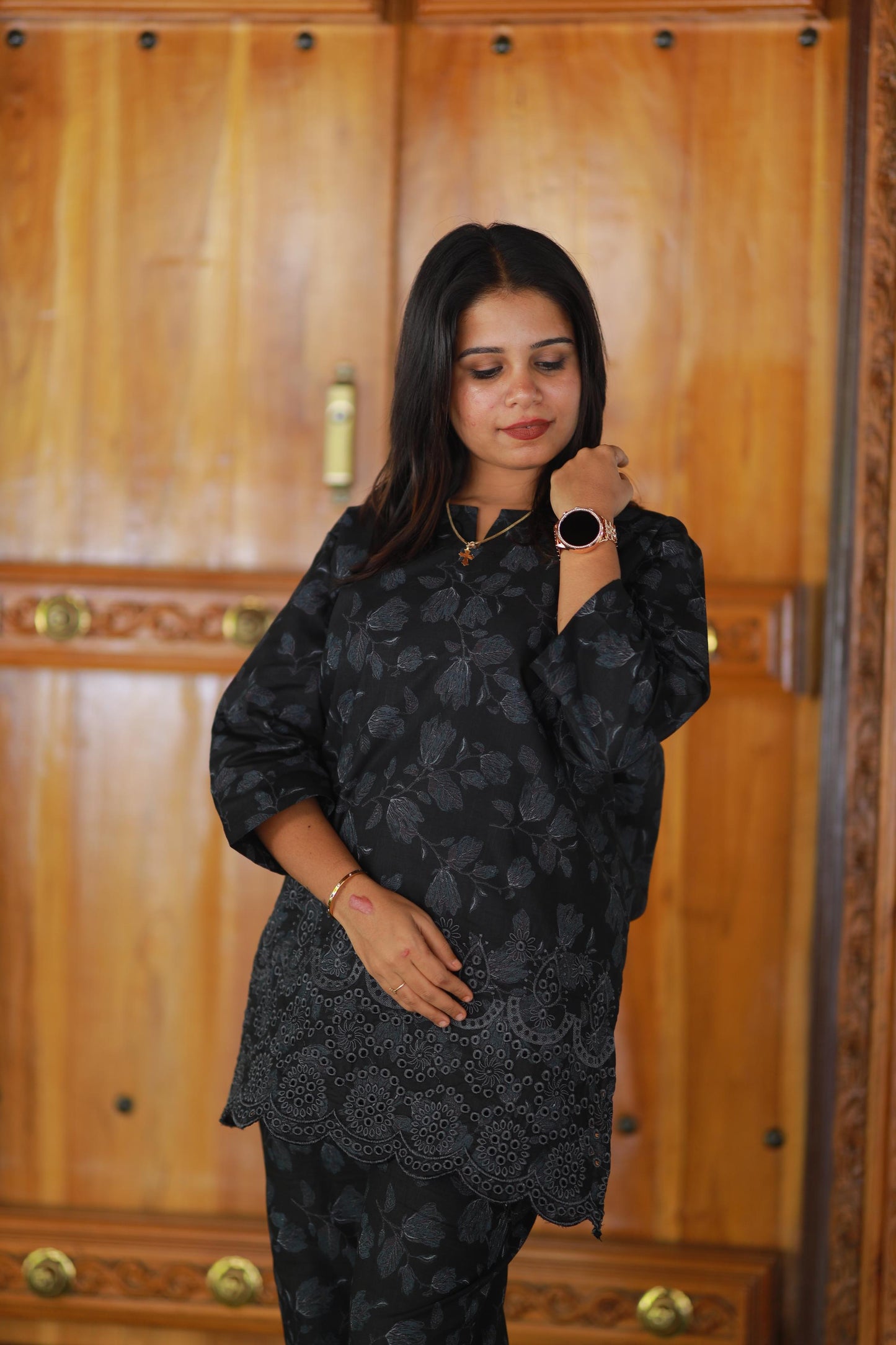 Black Blossom Linen schiffli embroidery co-ord set