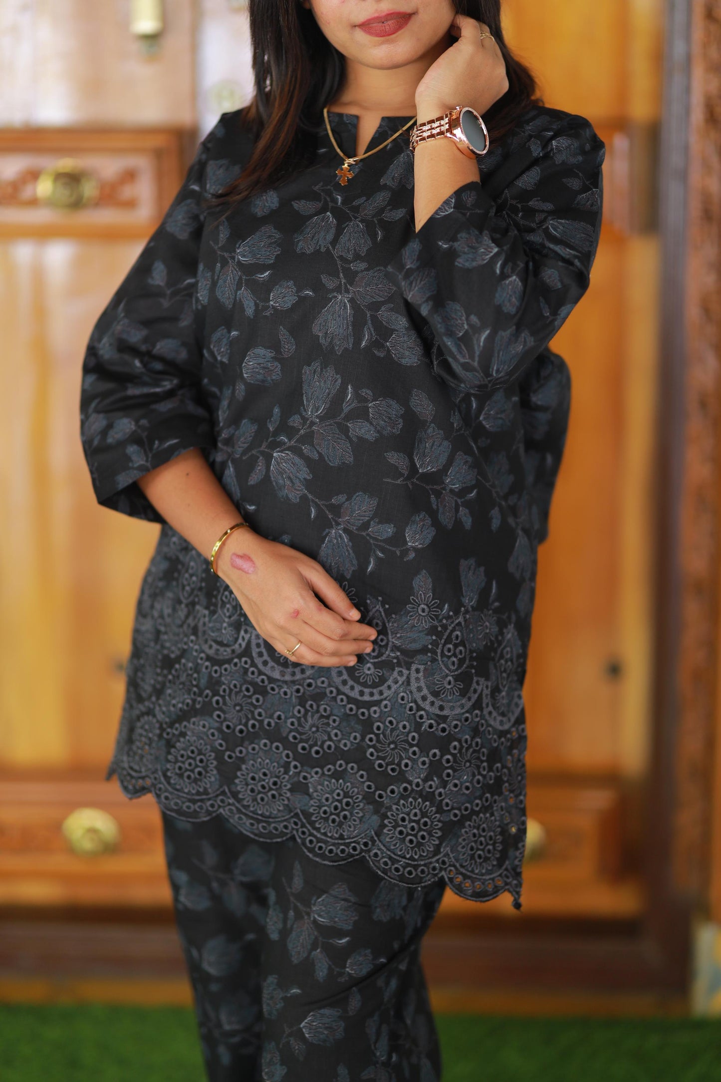 Black Blossom Linen schiffli embroidery co-ord set