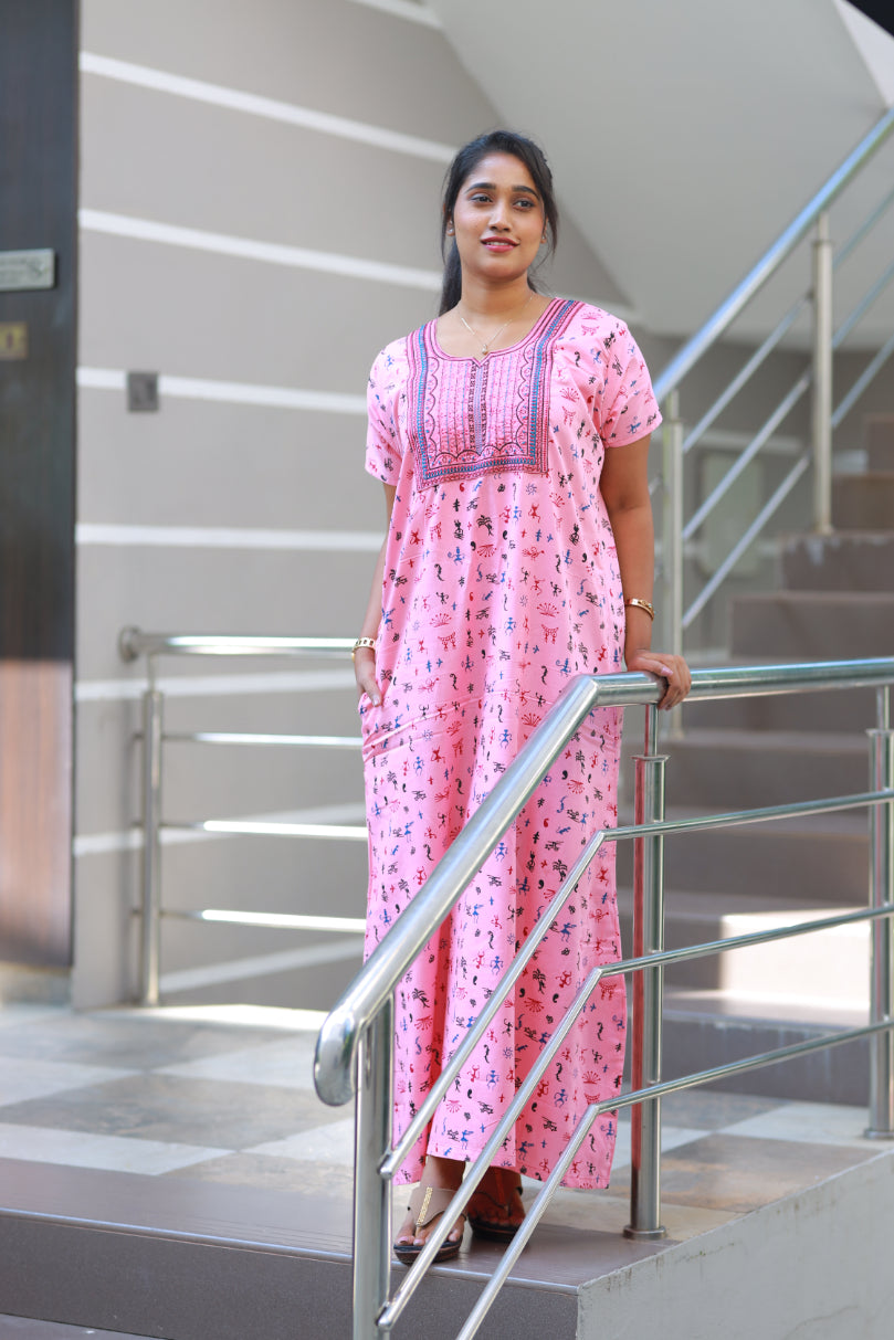 Light Pink With Blue Design Neck Embroidery Nighty