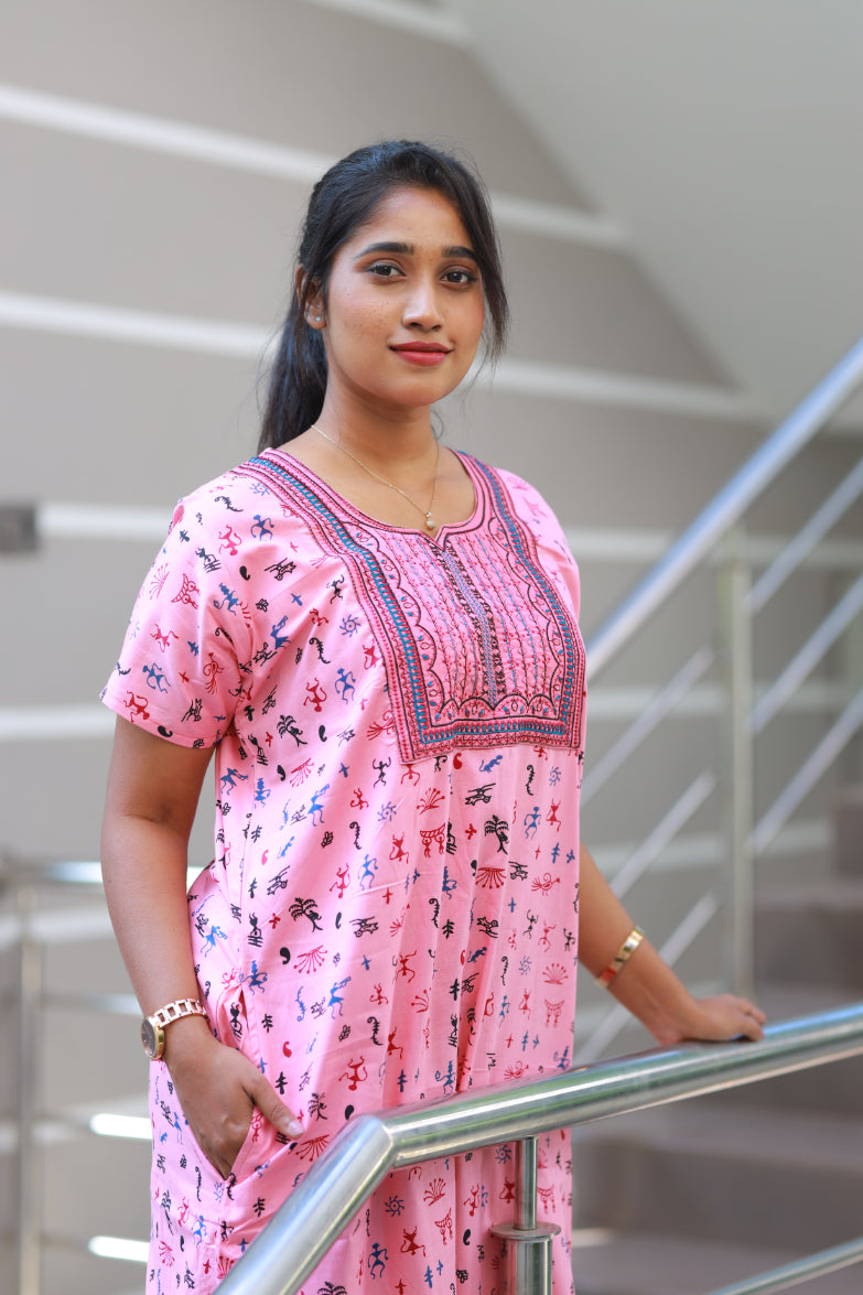 Light Pink With Blue Design Neck Embroidery Nighty