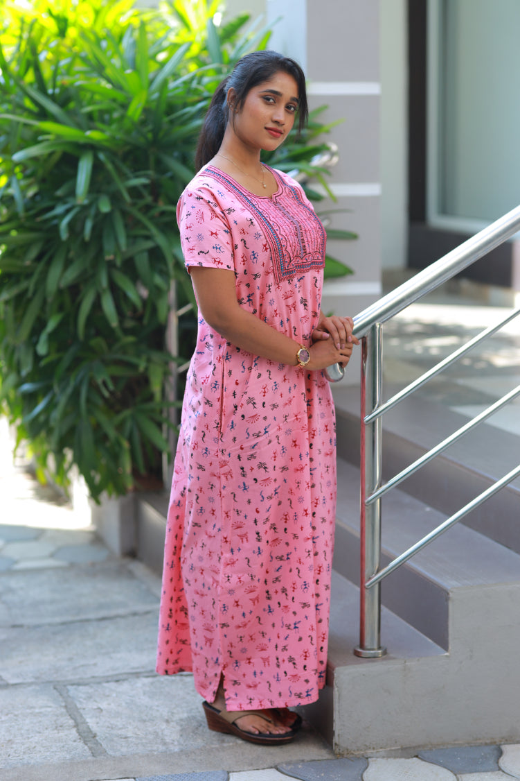 Light Pink With Blue Design Neck Embroidery Nighty