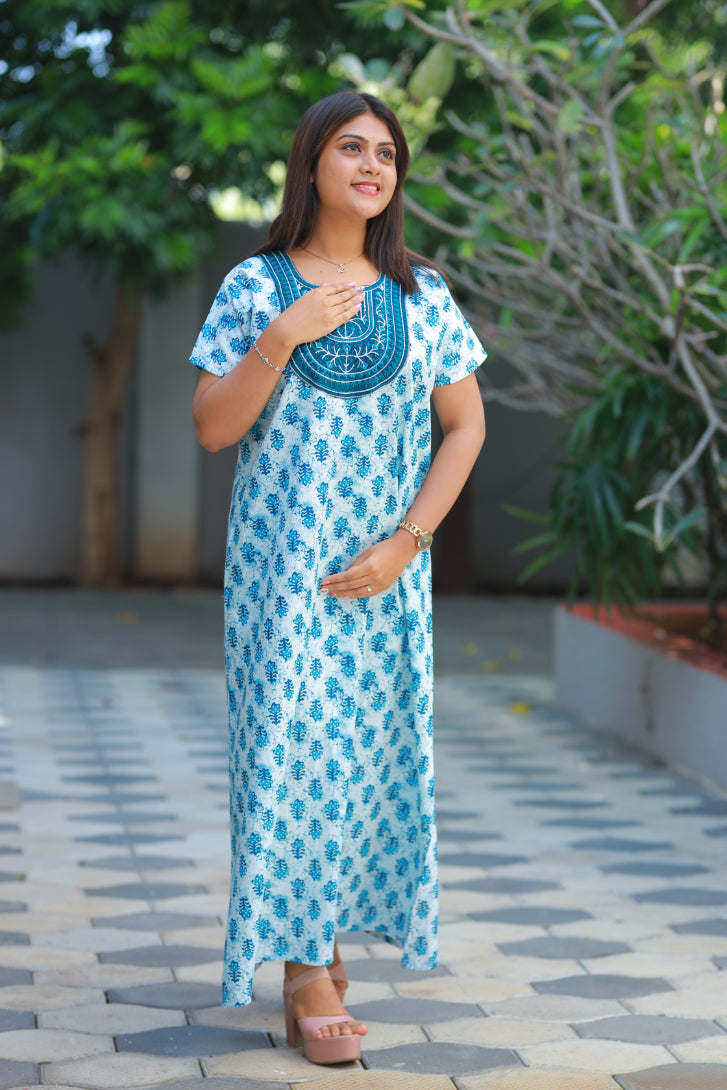 White With Blue Butta design embroidery neck nighty