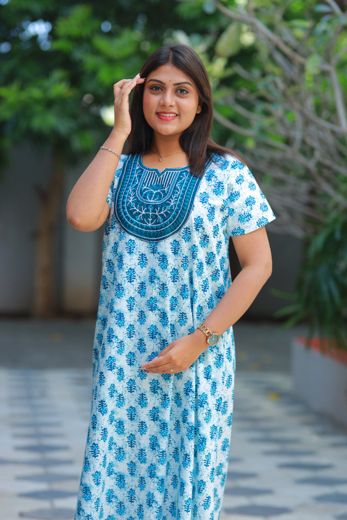 White With Blue Butta design embroidery neck nighty