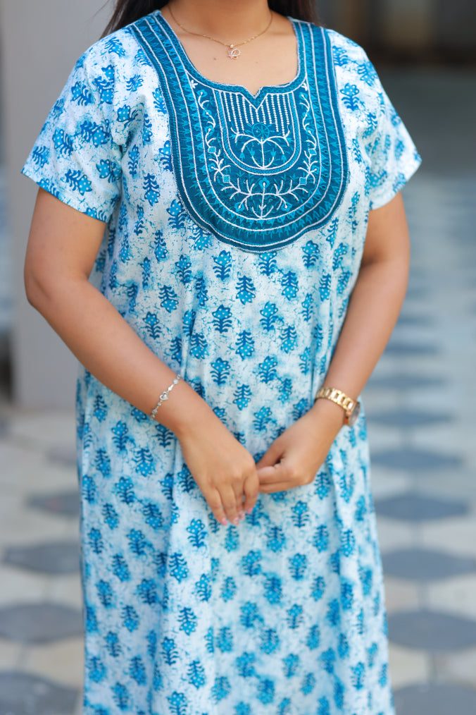 White With Blue Butta design embroidery neck nighty