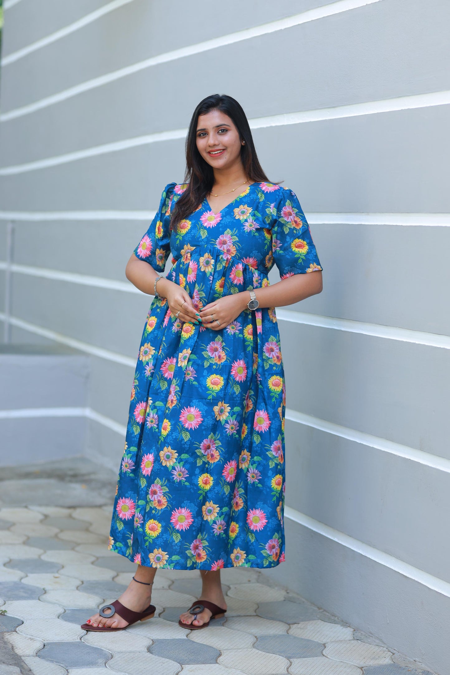 Trendy Dark Blue floral Digital print double layer V Neck frock with side vertical zip (maternity series)
