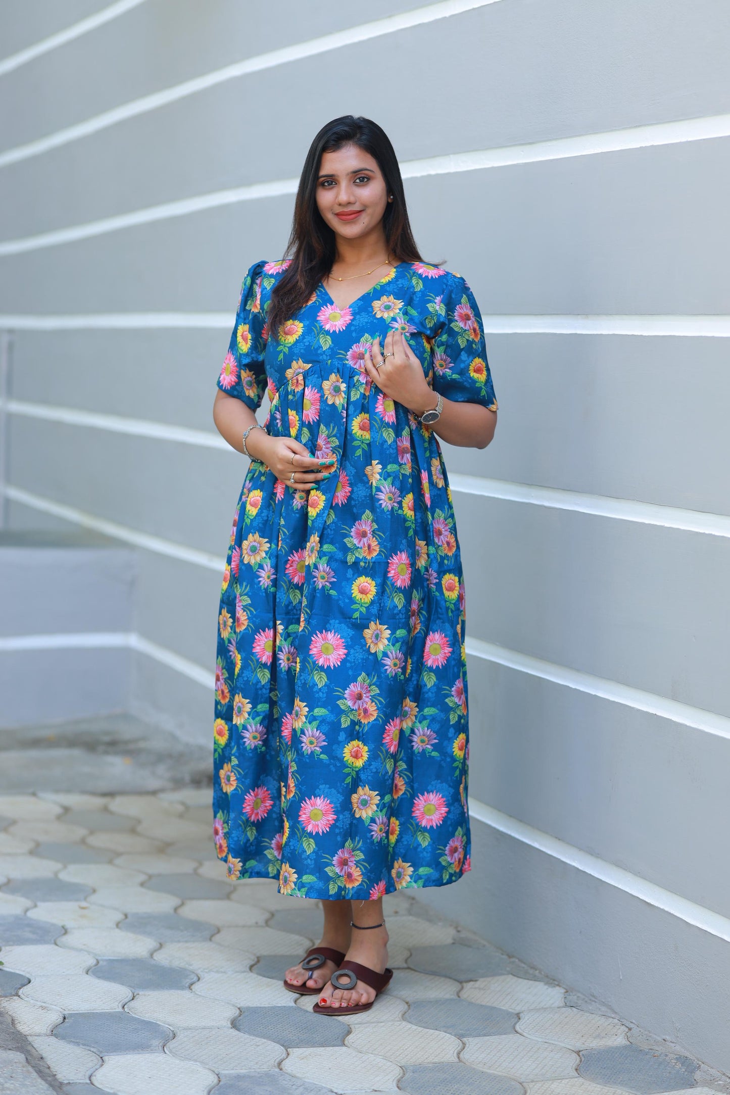 Trendy Dark Blue floral Digital print double layer V Neck frock with side vertical zip (maternity series)
