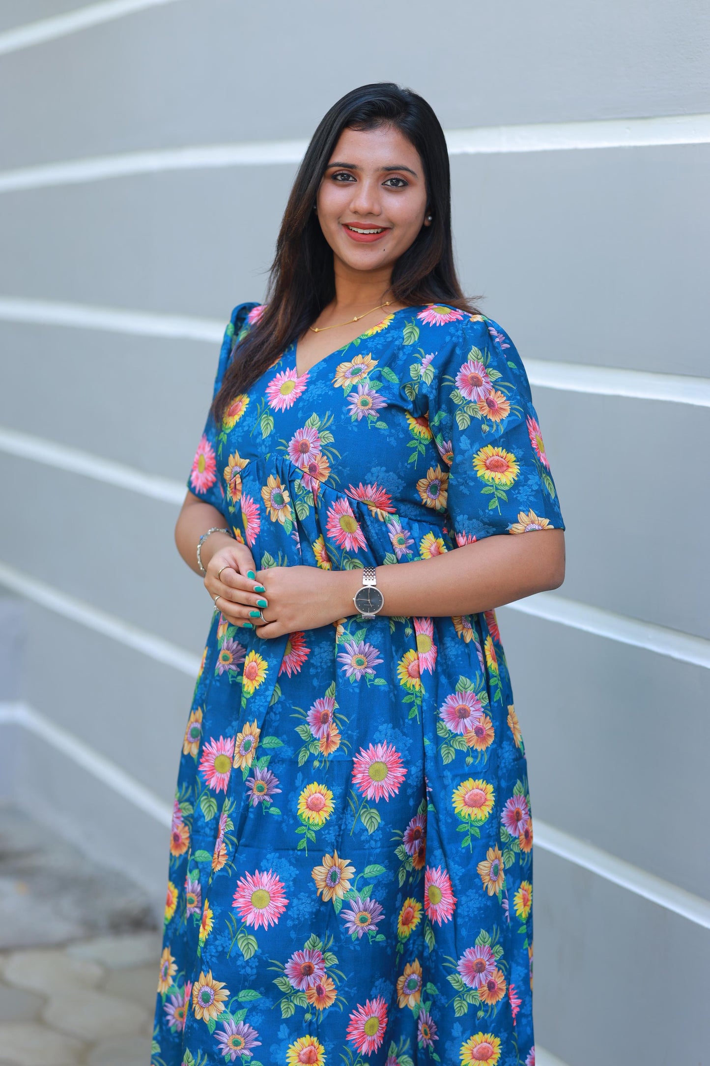Trendy Dark Blue floral Digital print double layer V Neck frock with side vertical zip (maternity series)