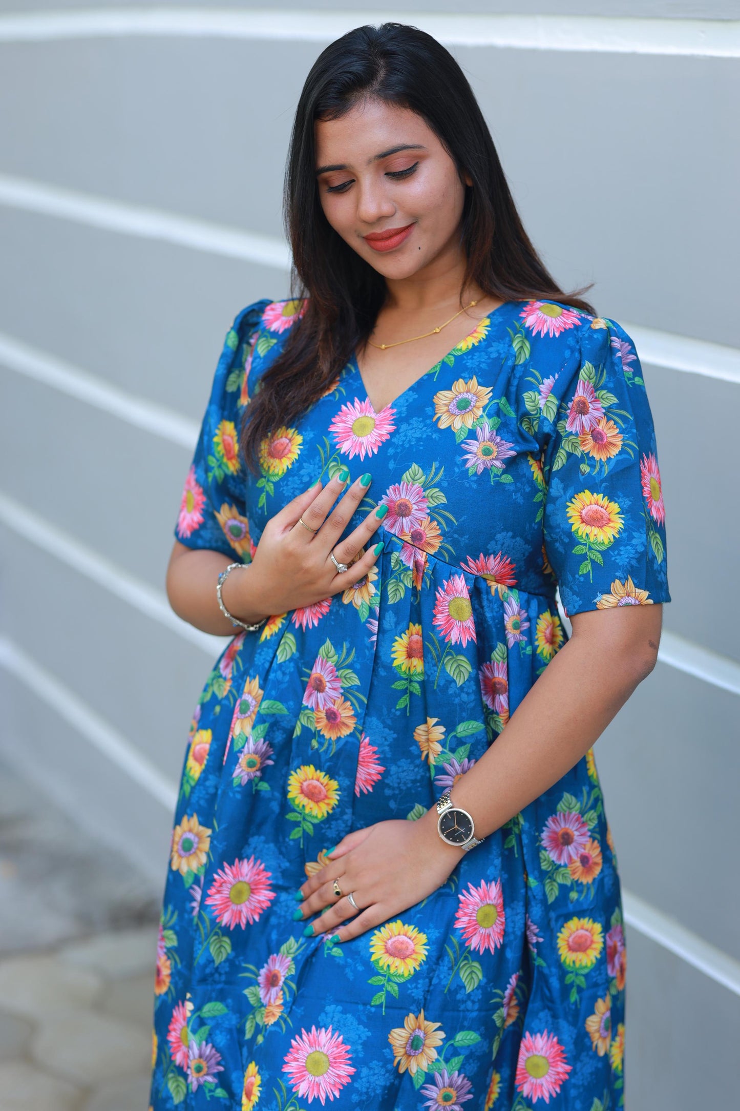 Trendy Dark Blue floral Digital print double layer V Neck frock with side vertical zip (maternity series)