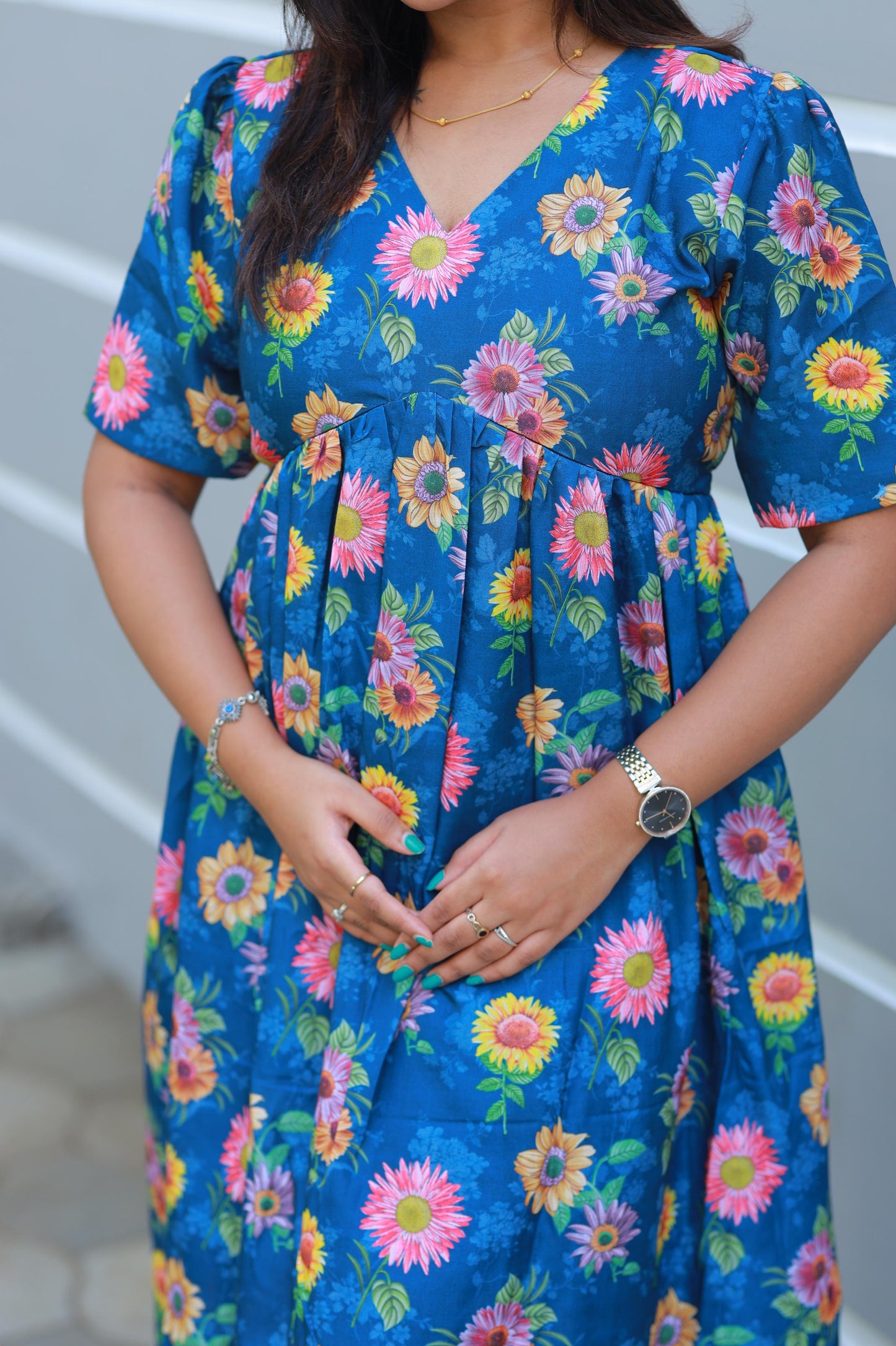 Trendy Dark Blue floral Digital print double layer V Neck frock with side vertical zip (maternity series)
