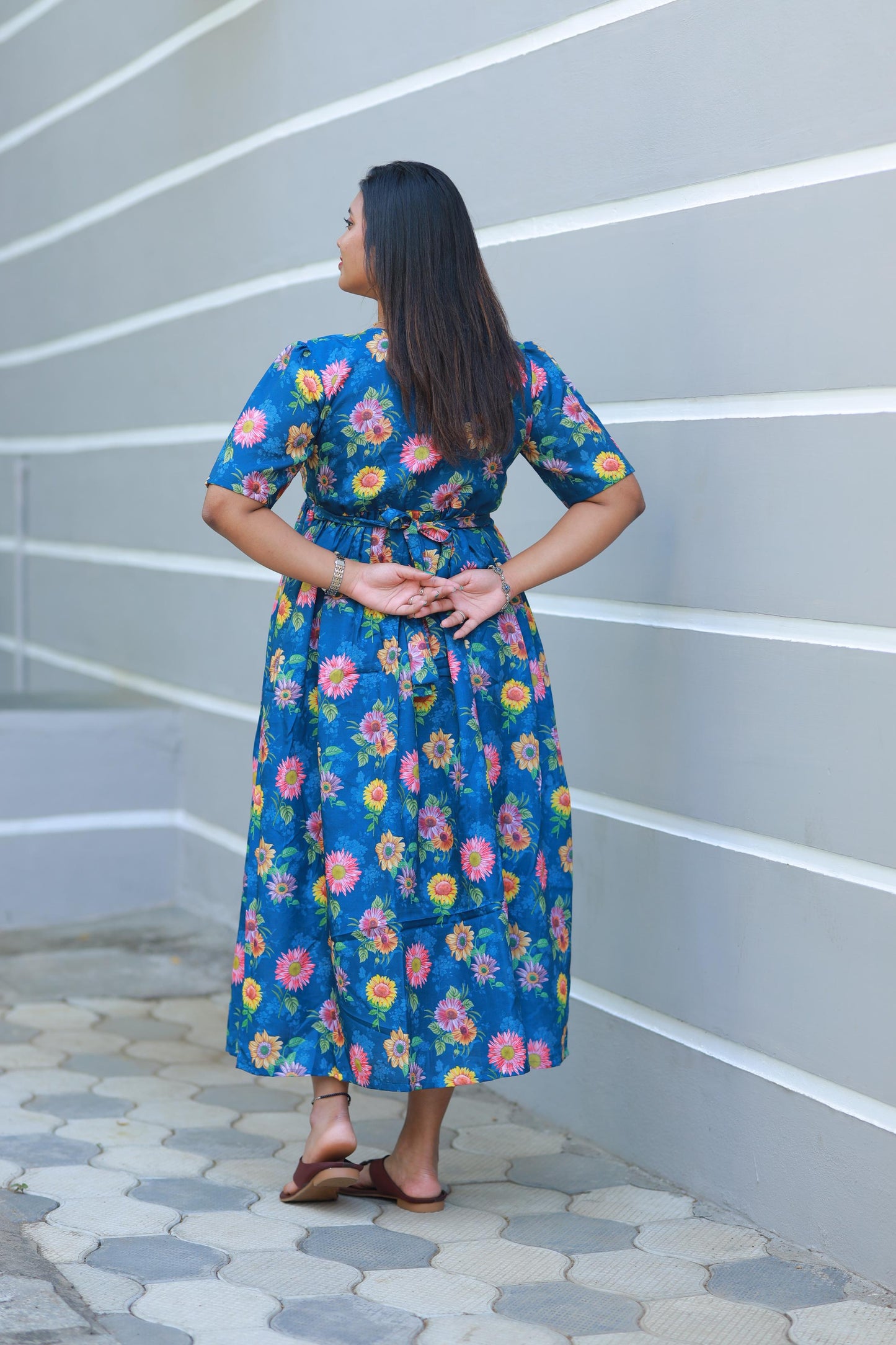 Trendy Dark Blue floral Digital print double layer V Neck frock with side vertical zip (maternity series)