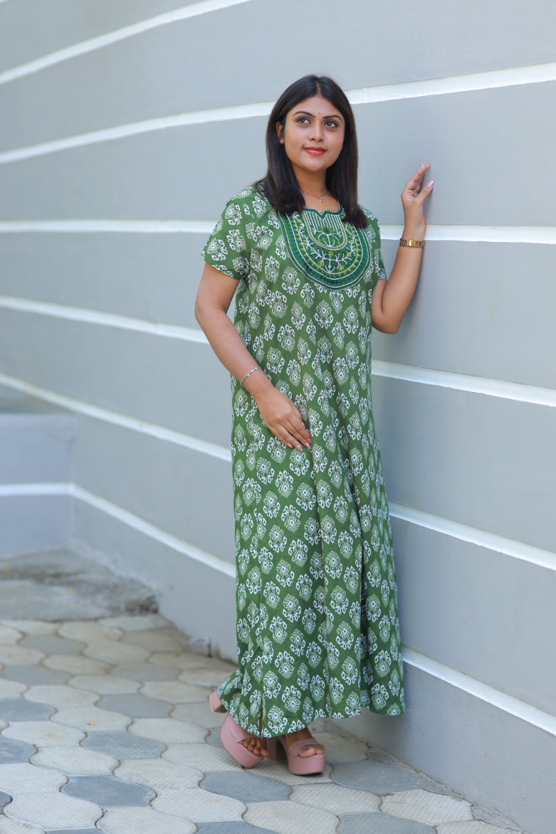 Green with white ikkat design embroidery Nighty