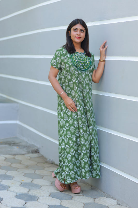 Green with white ikkat design embroidery Nighty