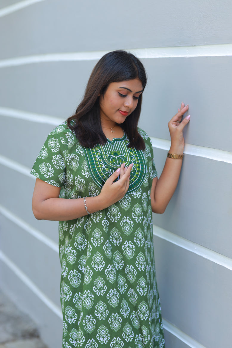 Green with white ikkat design embroidery Nighty