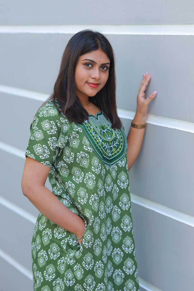 Green with white ikkat design embroidery Nighty