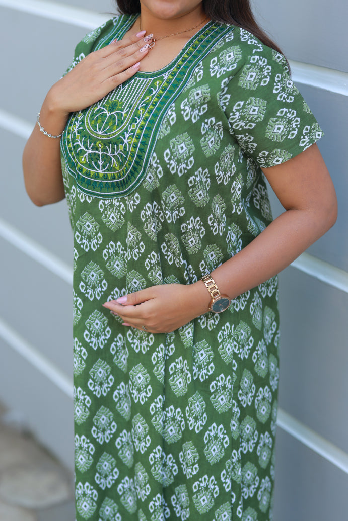 Green with white ikkat design embroidery Nighty