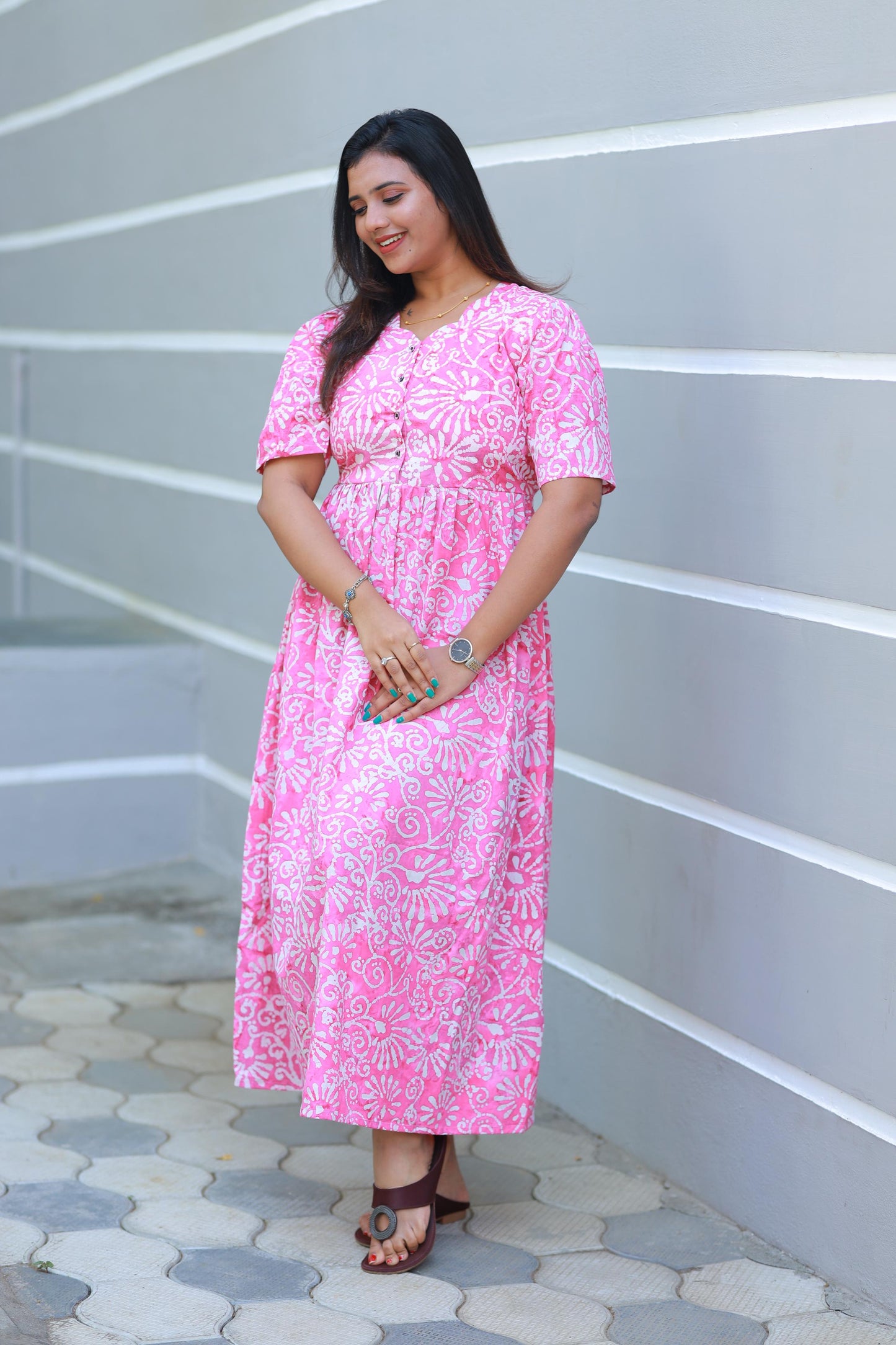 Pure cotton Hand Dyed Pink With White Batik double layer frock with Center Button
