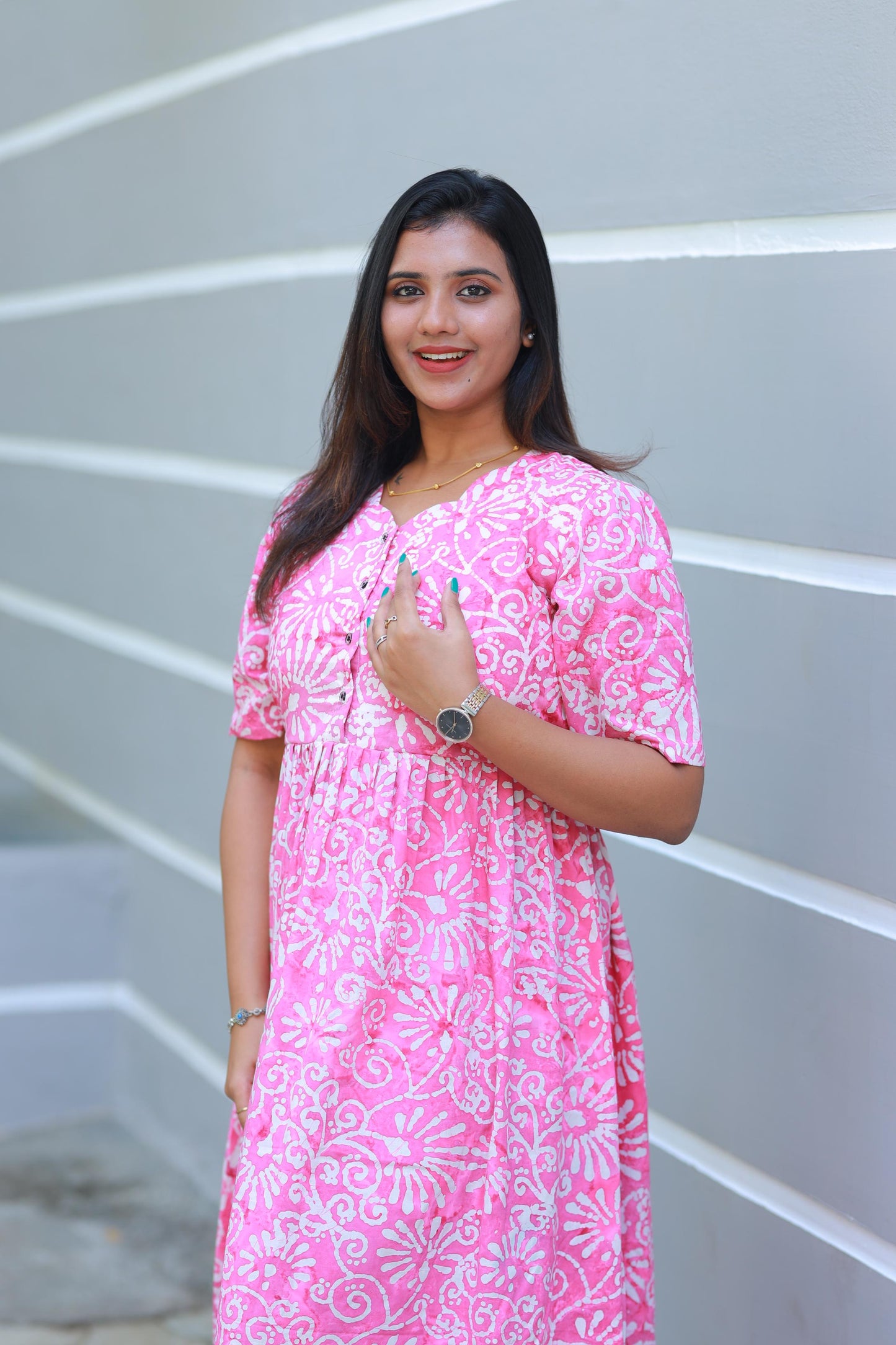 Pure cotton Hand Dyed Pink With White Batik double layer frock with Center Button