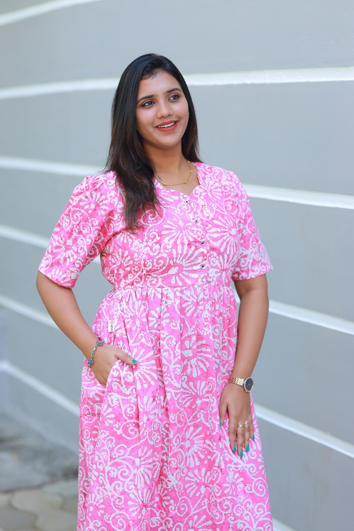 Pure cotton Hand Dyed Pink With White Batik double layer frock with Center Button