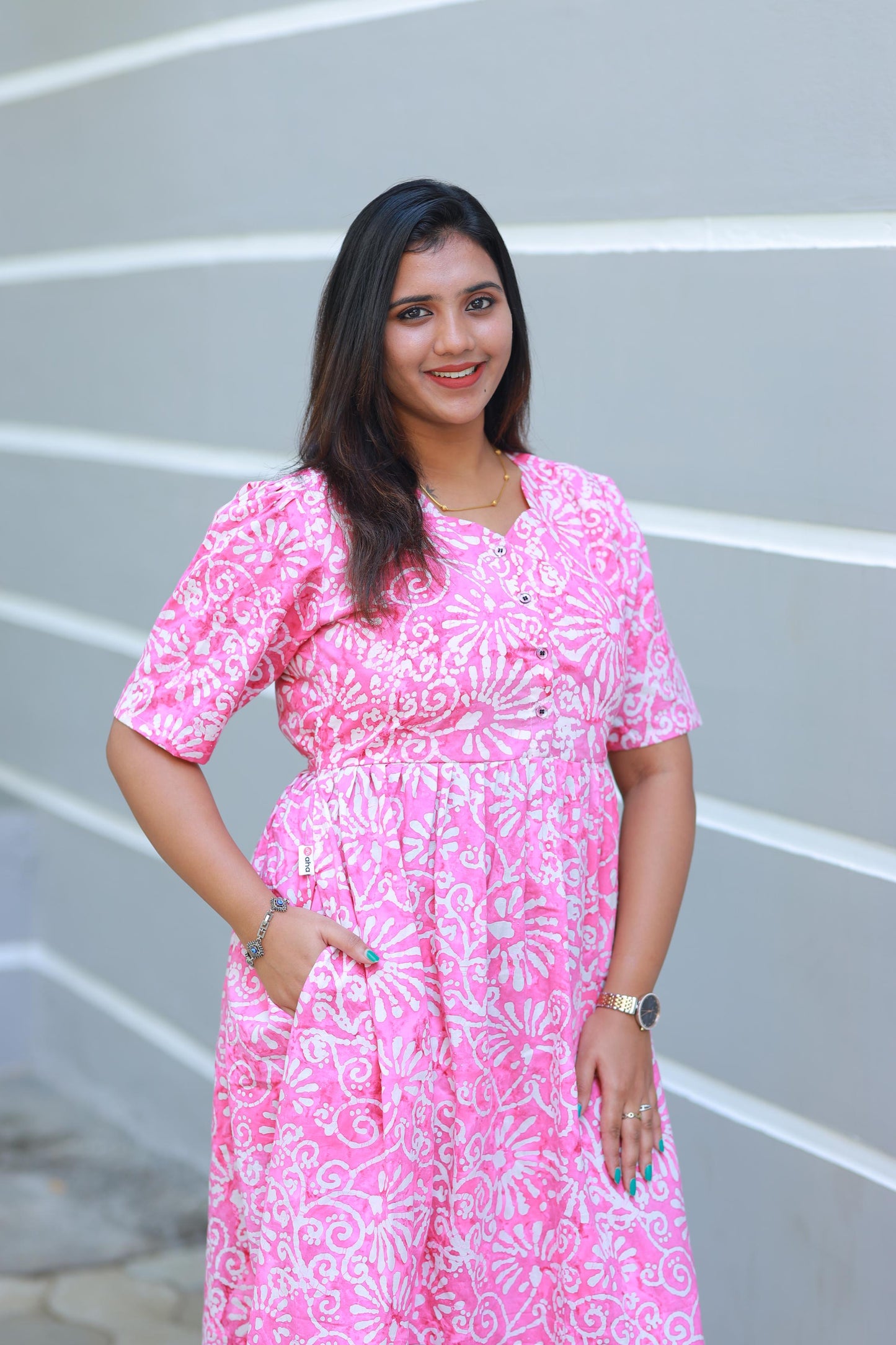 Pure cotton Hand Dyed Pink With White Batik double layer frock with Center Button