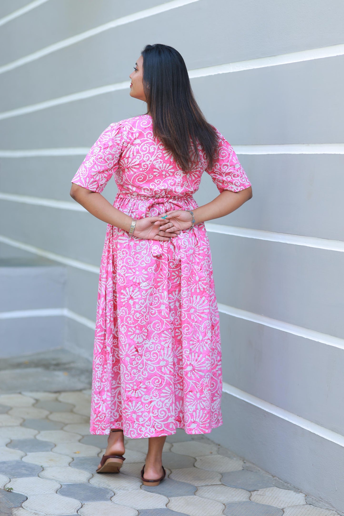Pure cotton Hand Dyed Pink With White Batik double layer frock with Center Button