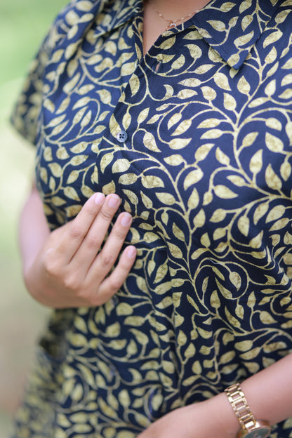 FANCY - Black With Yellow full button collar type Nightdress