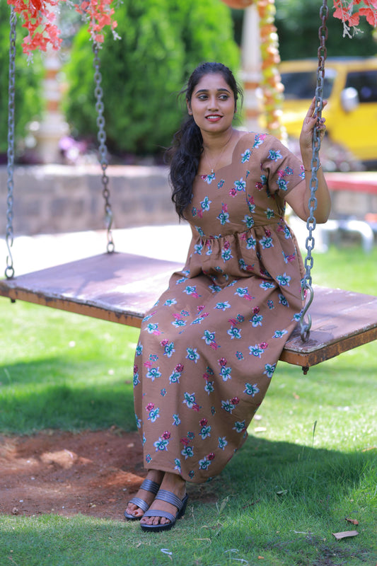 Brown with Green Flower Alphine design sidezip Frock