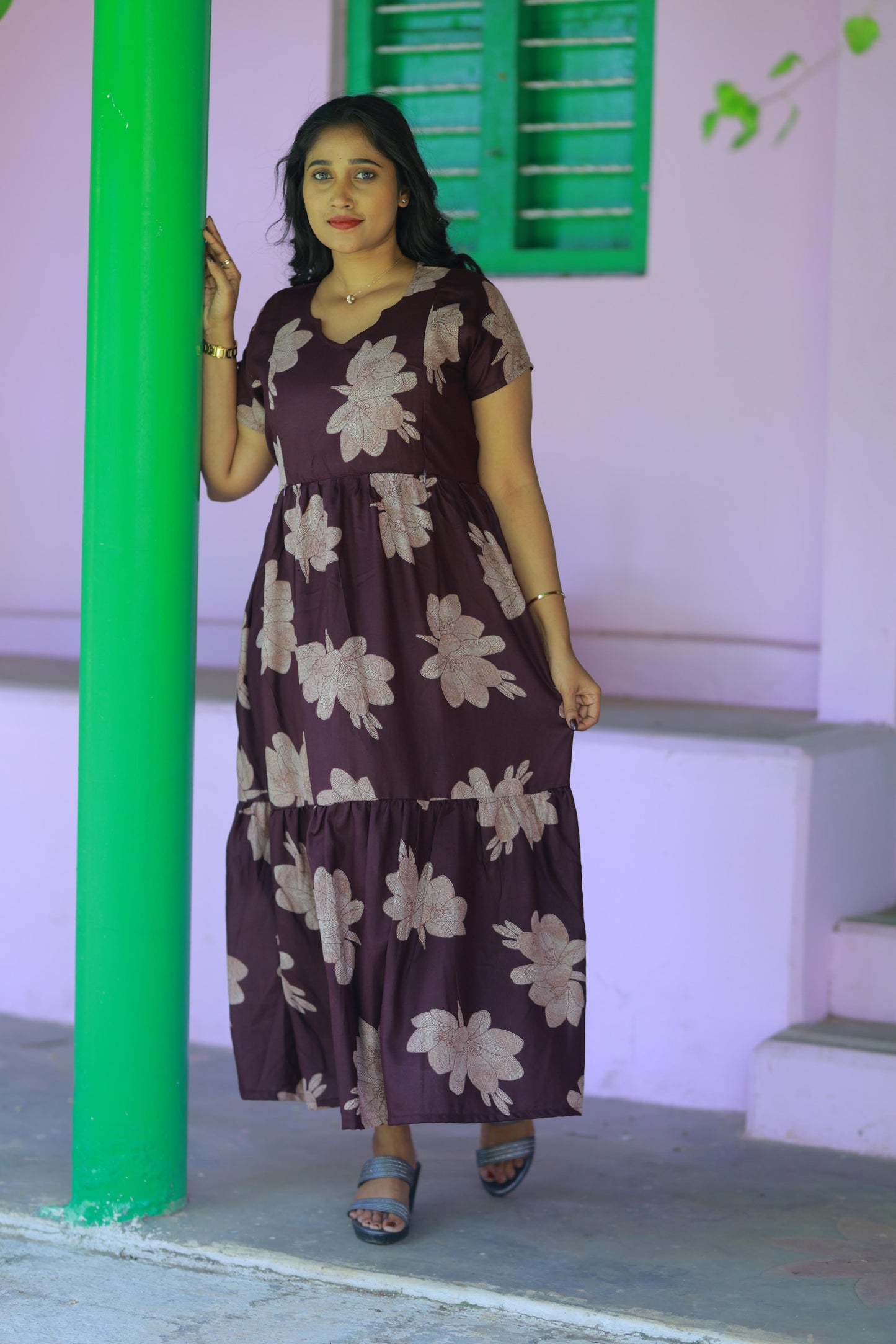 Dark violet with Brown floral design Alphine Double Layer Side zip Frock