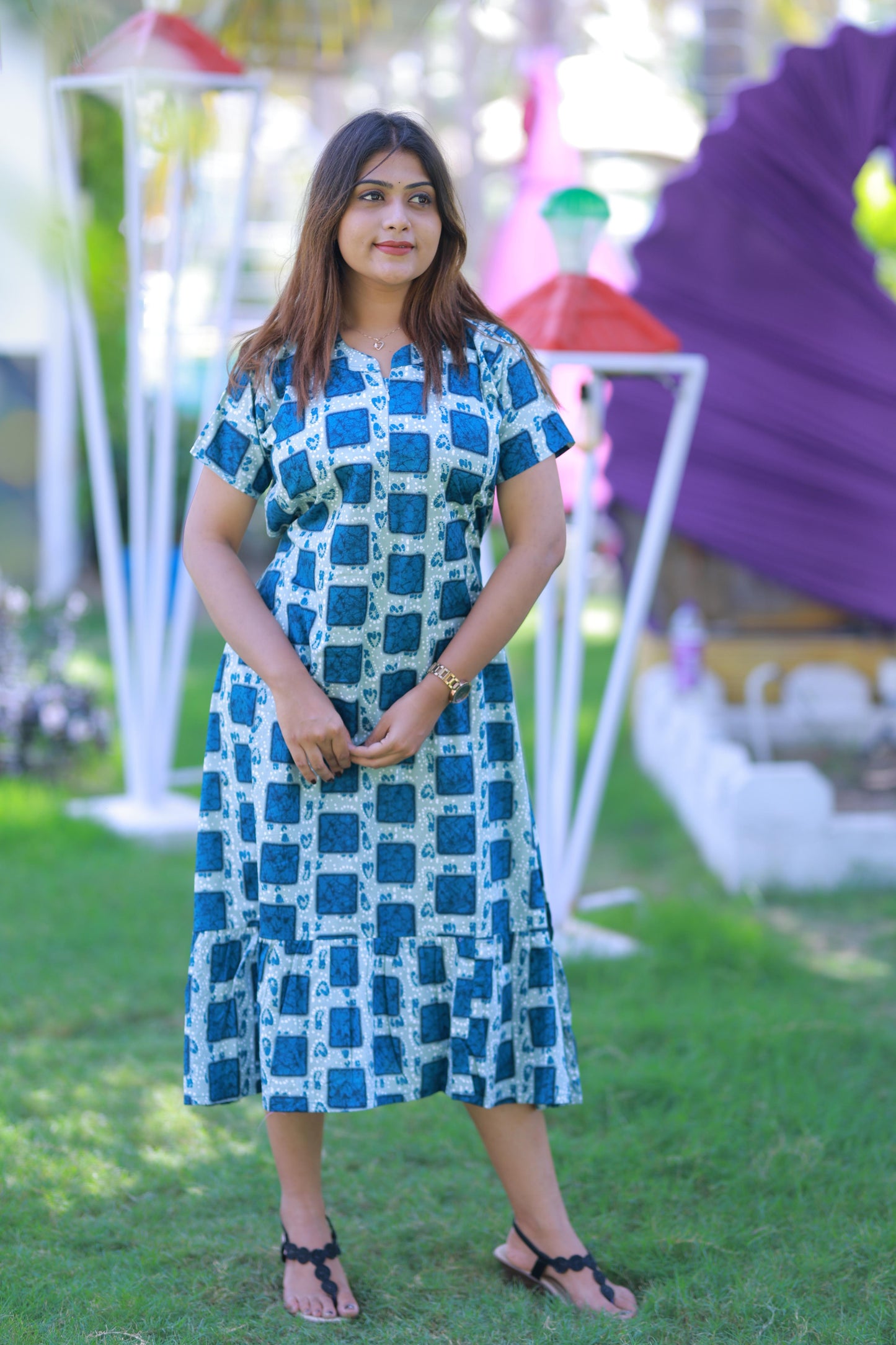 Dark Gray With Ramar Green Collar Design Midi gown Nighty