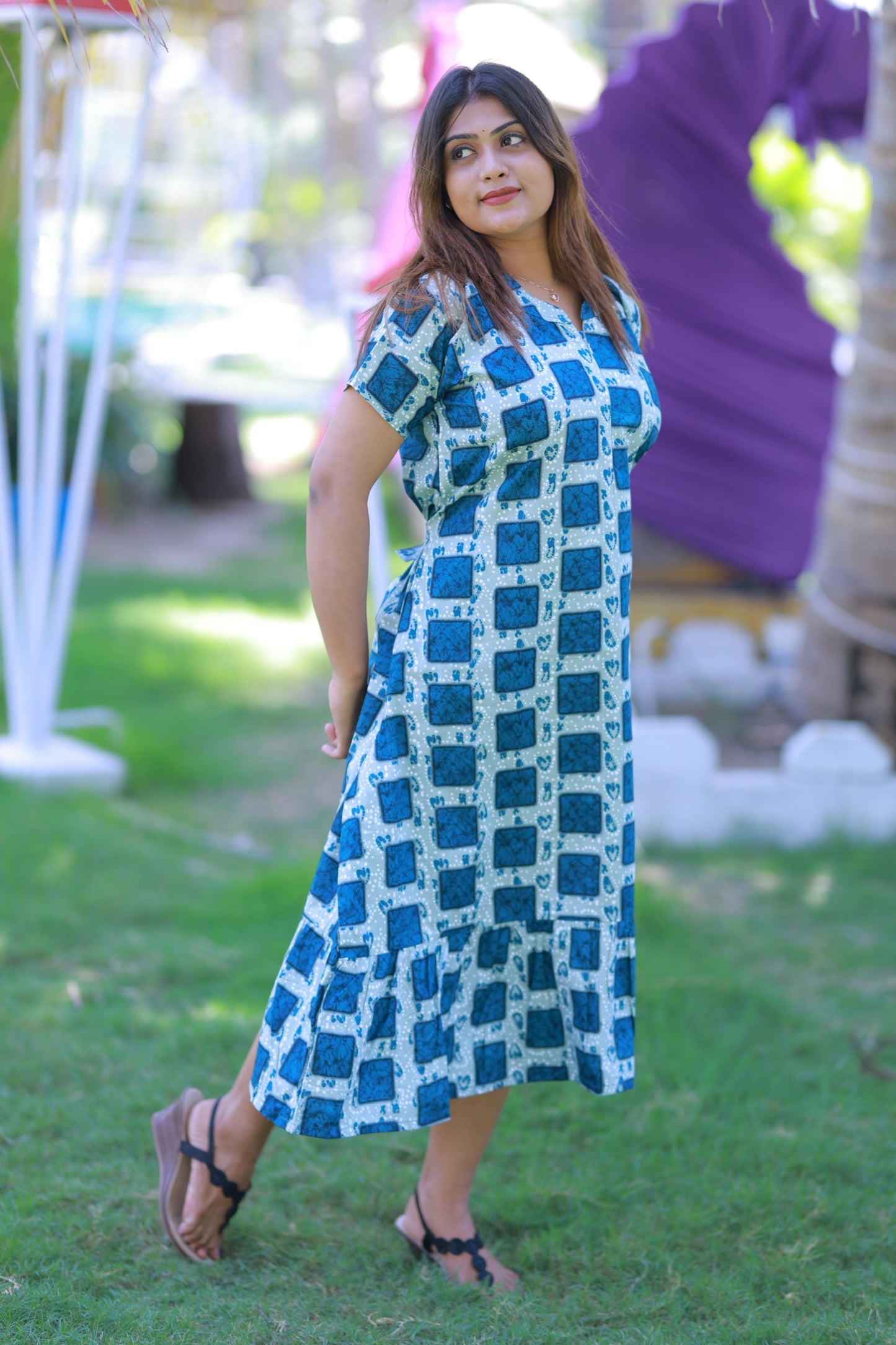 Dark Gray With Ramar Green Collar Design Midi gown Nighty